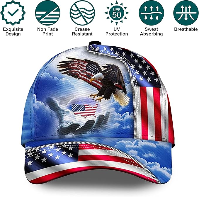 3D Printed, One Nation Under God Baseball Cap, American Eagle Hat for USA Patriots, Unique Design Hat