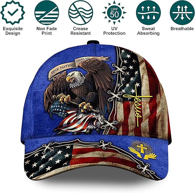3D Printed, One Nation Under God Baseball Cap, American Eagle Hat for USA Patriots, Unique Design Hat (Style 3)