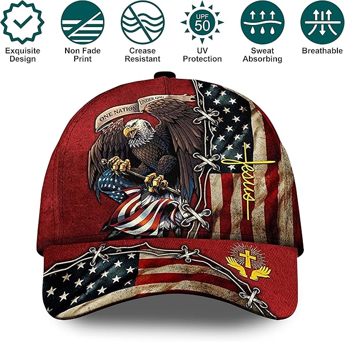3D Printed, One Nation Under God Baseball Cap, American Eagle Hat for USA Patriots, Unique Design Hat (Style 4)