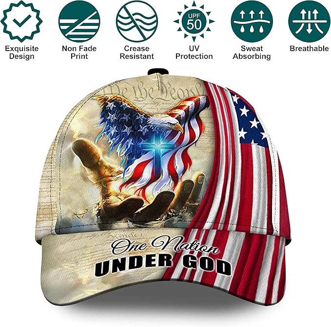 3D Printed, One Nation Under God Baseball Cap, American Eagle Hat for USA Patriots, Unique Design Hat (Style 2)