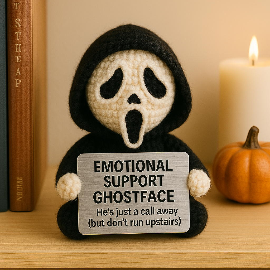 Emotional Support Ghostface Crochet Doll – Handmade Horror Plush for Stress Relief