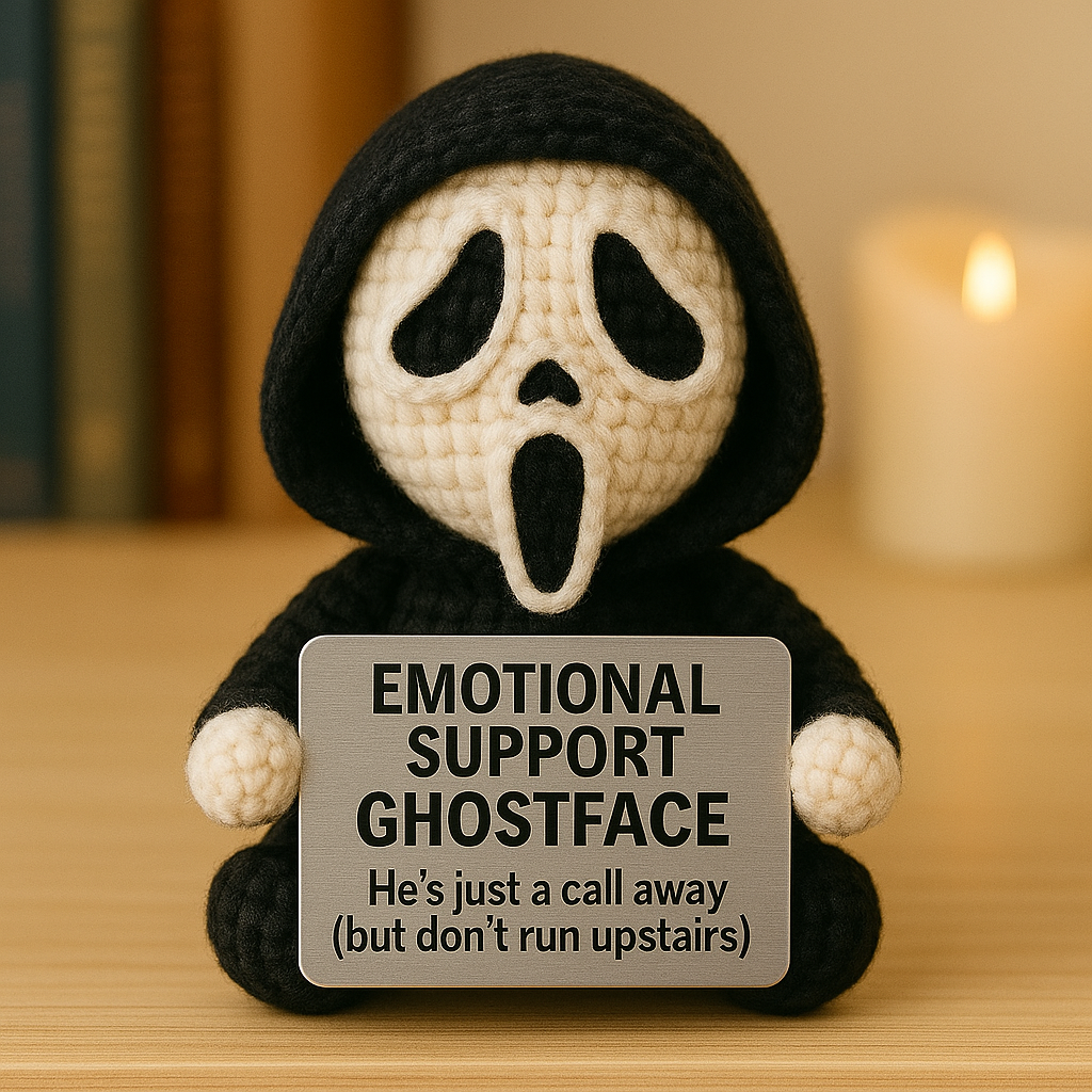 Emotional Support Ghostface Crochet Doll – Handmade Horror Plush for Stress Relief