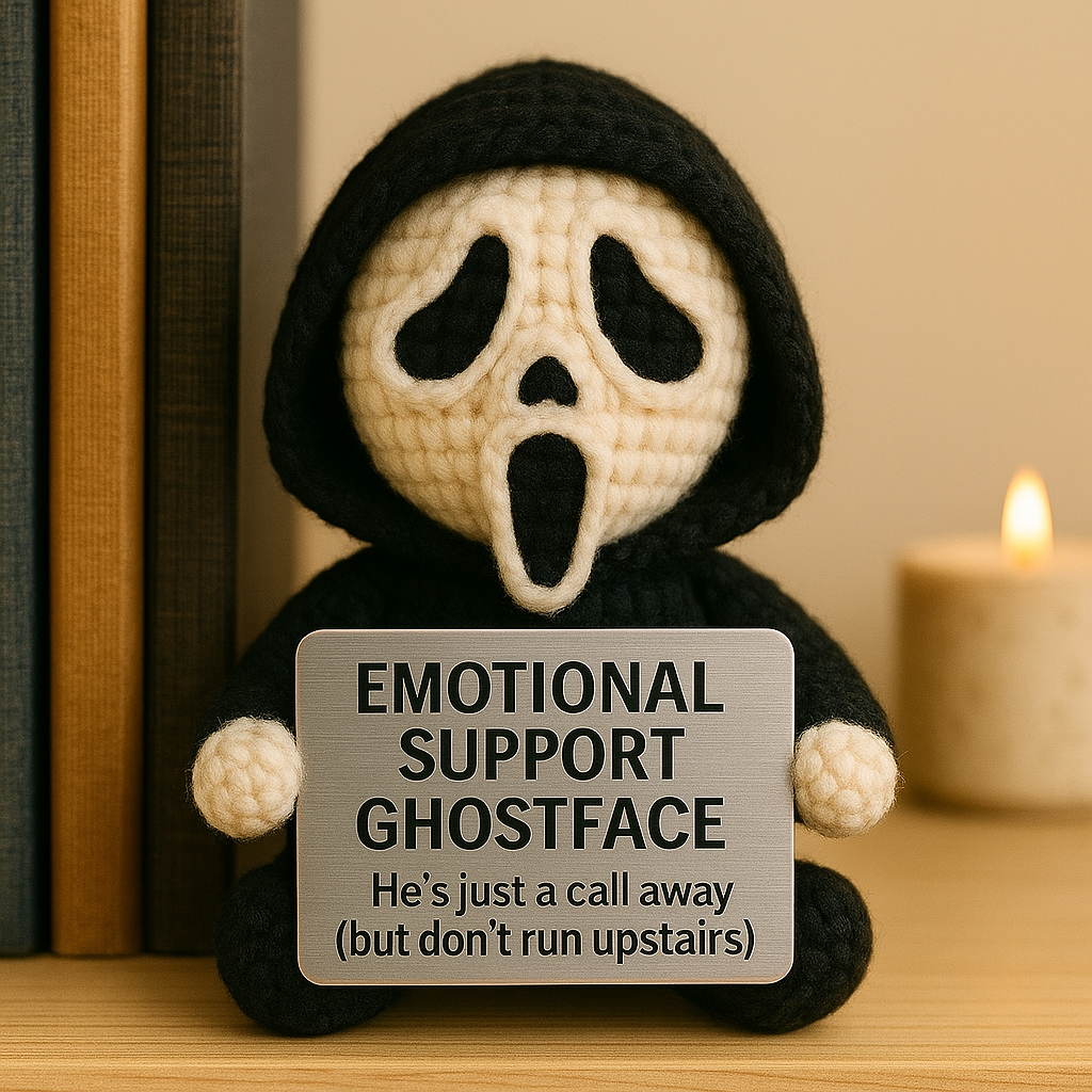 Emotional Support Ghostface Crochet Doll – Handmade Horror Plush for Stress Relief