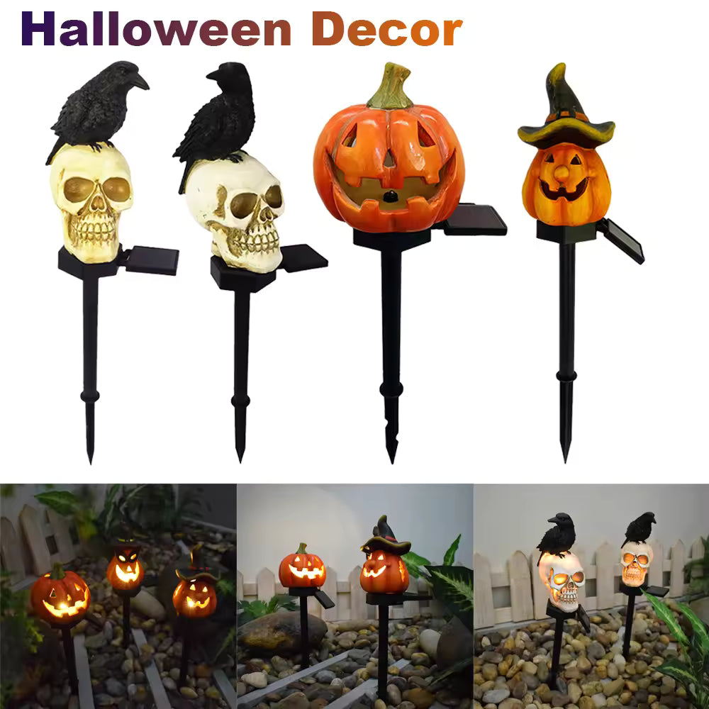 Crow Skull Head Solar Light For Garden Ground Courtyard Outdoor Waterproof Resin Pumpkin Lamp Lantern Halloween Decoration Lamp