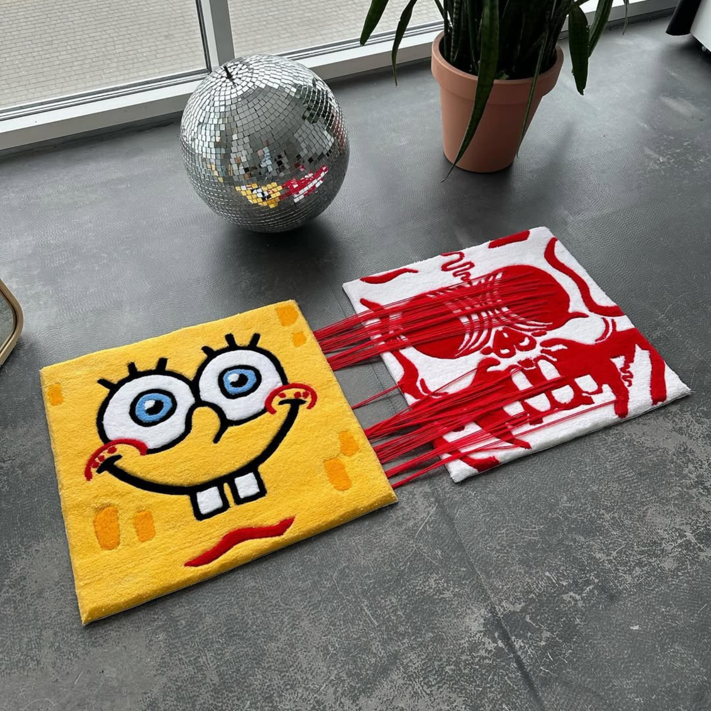 Pull-to-Reveal SpongeBob Rug, Cute Square to Red Skull Surprise, Handmade Tufted Interactive Carpet