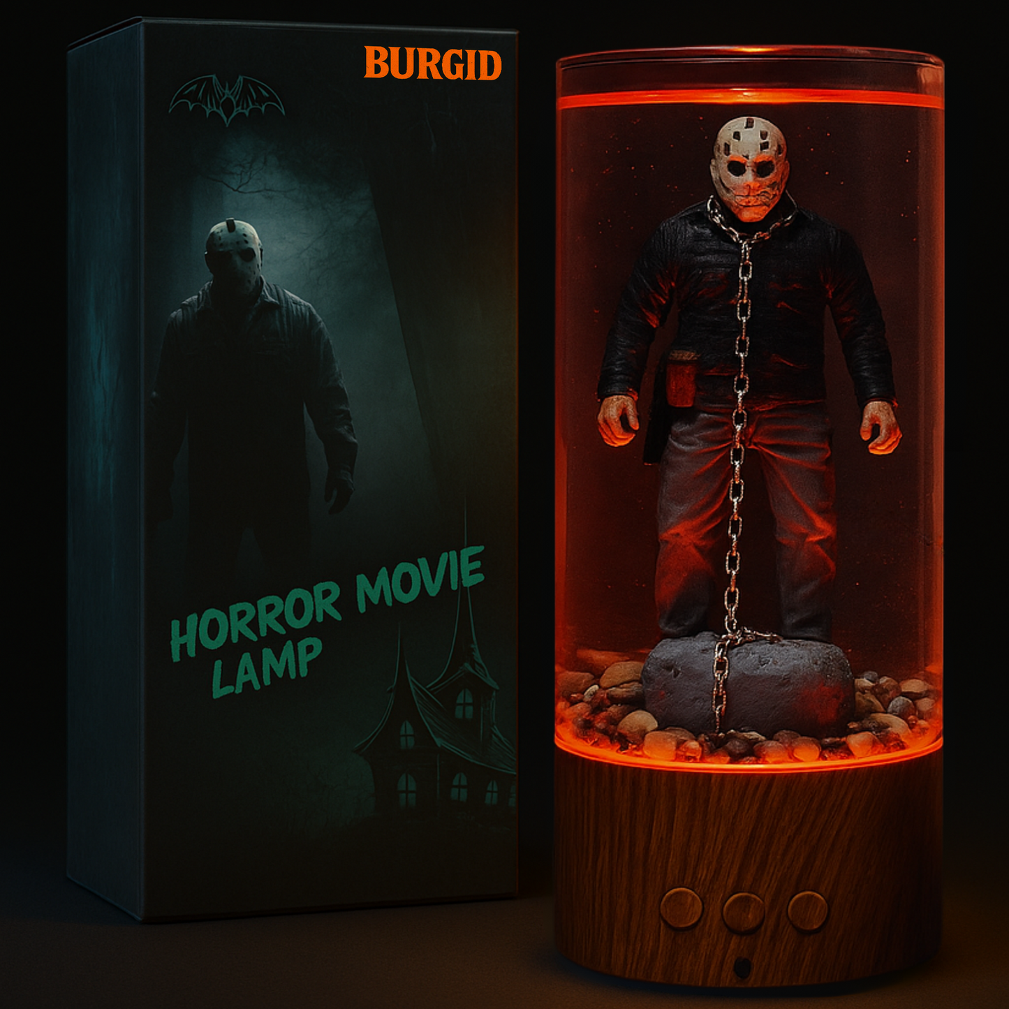 Horror-themed lamp with packaging labeled 'Burgid Horror Movie Lamp' on a dark background.