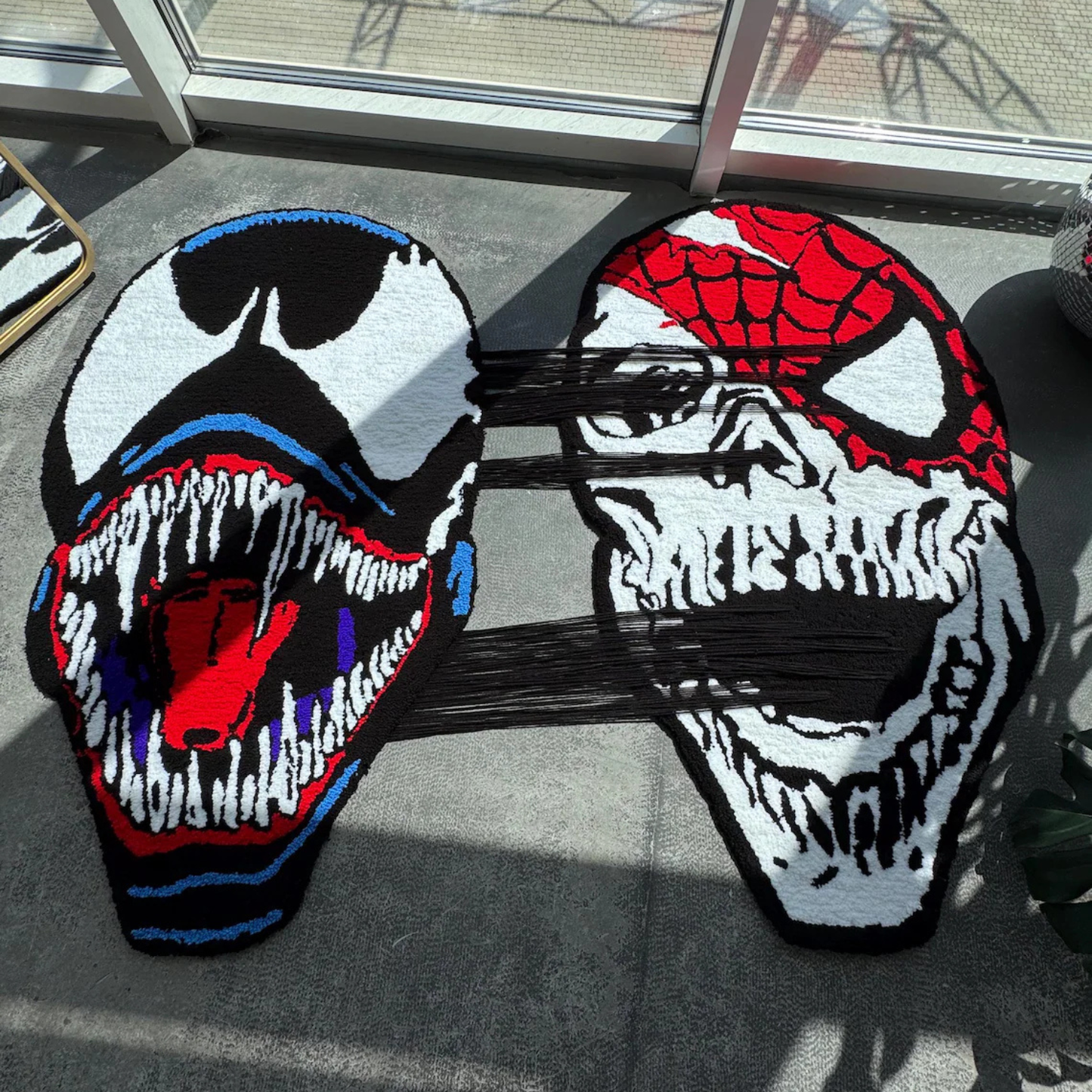 Pull-to-Reveal Venom vs Spider-Man Rug, Dual Mask to Skull Surprise, Handmade Tufted Custom Carpet