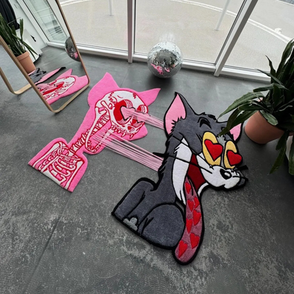 Interactive Pull-to-Reveal Tom Cat Rug, Heart Eyes Explosion to Skeleton, Handmade Tufted Custom Carpet