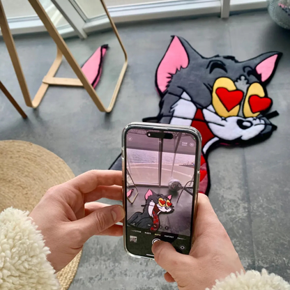 Interactive Pull-to-Reveal Tom Cat Rug, Heart Eyes Explosion to Skeleton, Handmade Tufted Custom Carpet