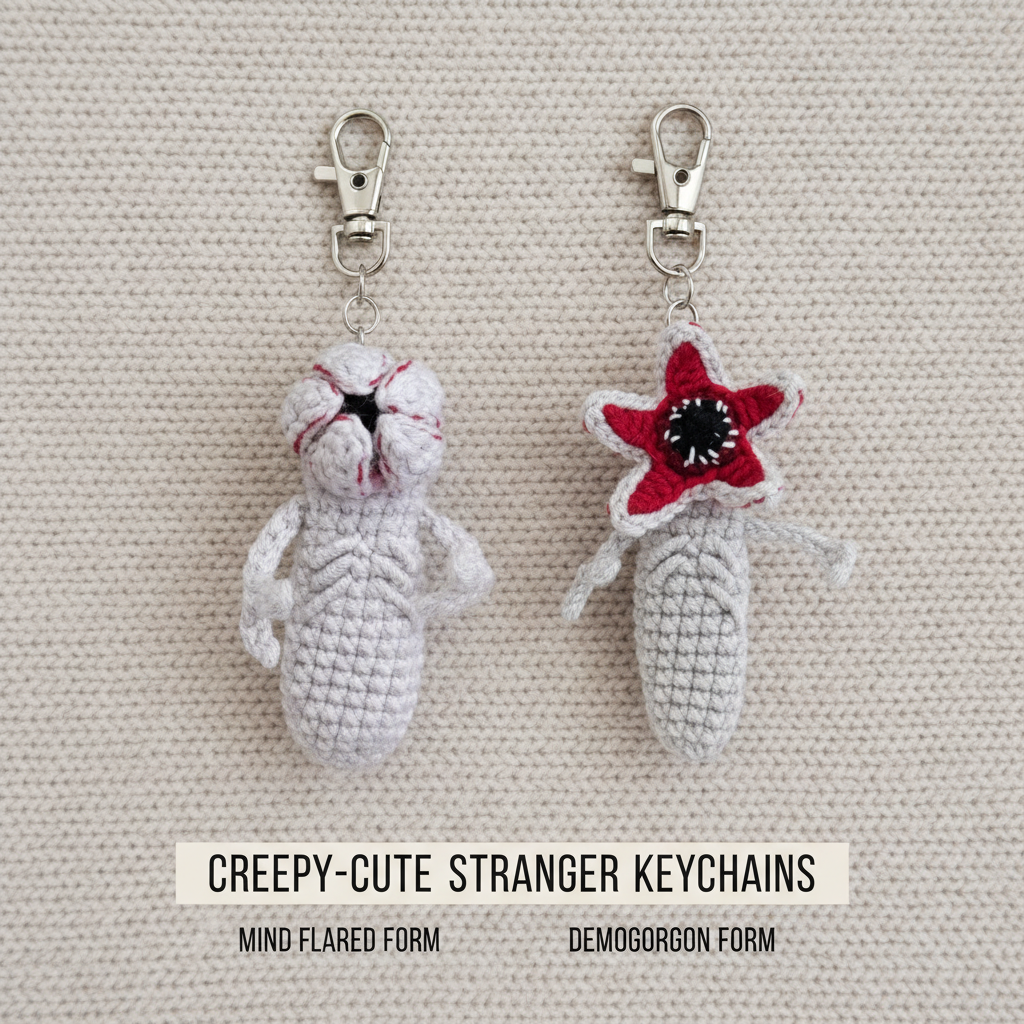 Crochet Demogorgon Fidget Keychain, Stranger Things Inspired Clicking Toy with Hidden Hair Clip