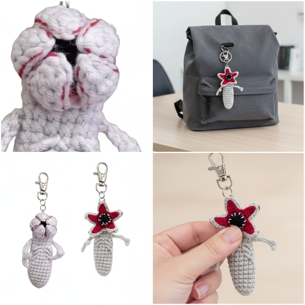 Crochet Demogorgon Fidget Keychain, Stranger Things Inspired Clicking Toy with Hidden Hair Clip