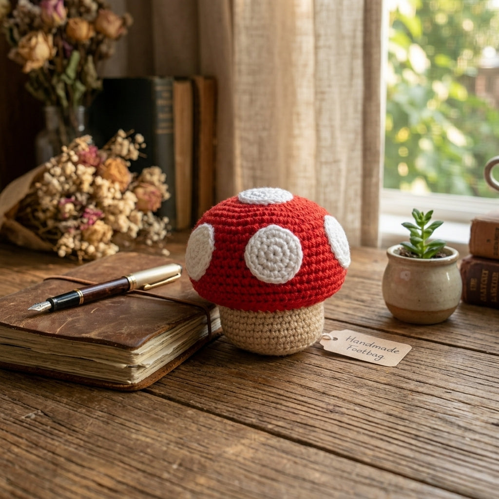 BURGID™ Mario Mushroom Crochet Footbag, Retro Gaming Inspired Hacky Sack