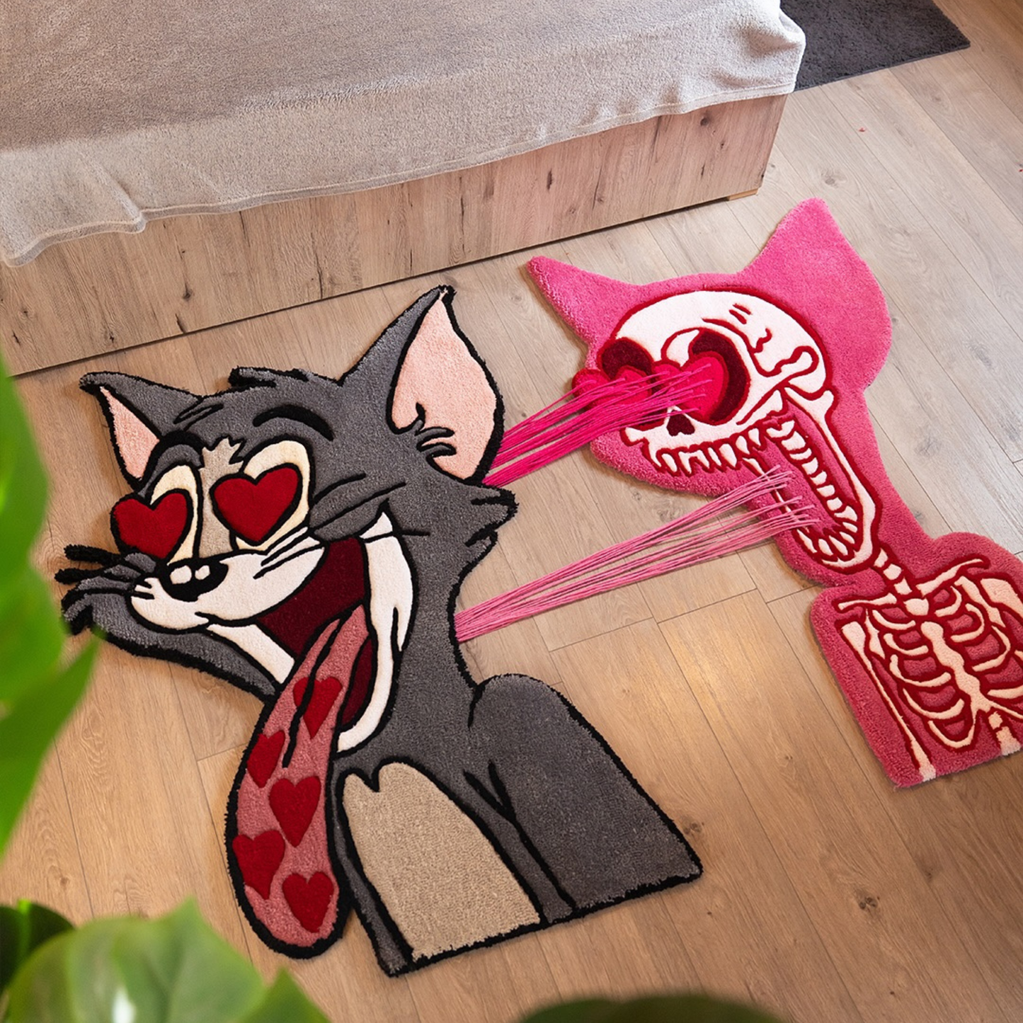Interactive Pull-to-Reveal Tom Cat Rug, Heart Eyes Explosion to Skeleton, Handmade Tufted Custom Carpet