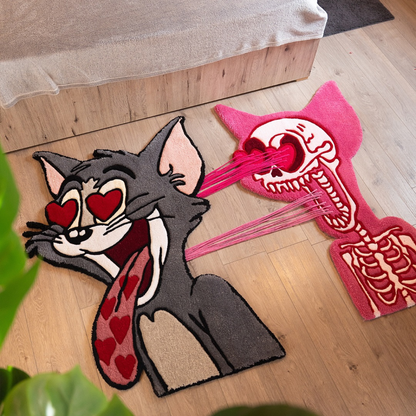 Interactive Pull-to-Reveal Tom Cat Rug, Heart Eyes Explosion to Skeleton, Handmade Tufted Custom Carpet
