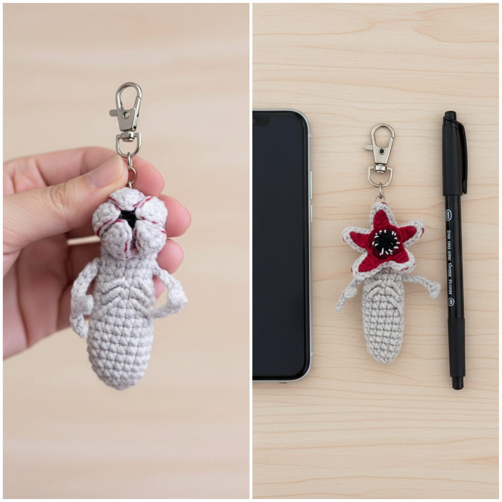 Crochet Demogorgon Fidget Keychain, Stranger Things Inspired Clicking Toy with Hidden Hair Clip
