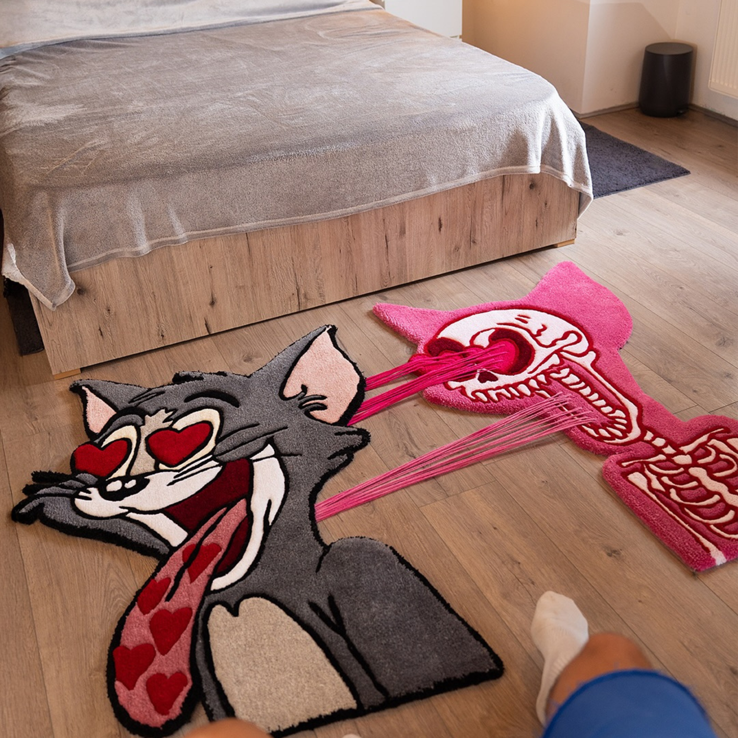 Interactive Pull-to-Reveal Tom Cat Rug, Heart Eyes Explosion to Skeleton, Handmade Tufted Custom Carpet