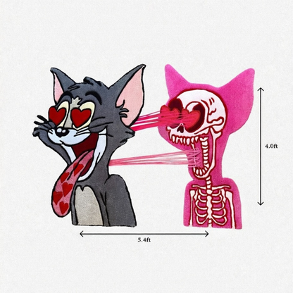 Interactive Pull-to-Reveal Tom Cat Rug, Heart Eyes Explosion to Skeleton, Handmade Tufted Custom Carpet