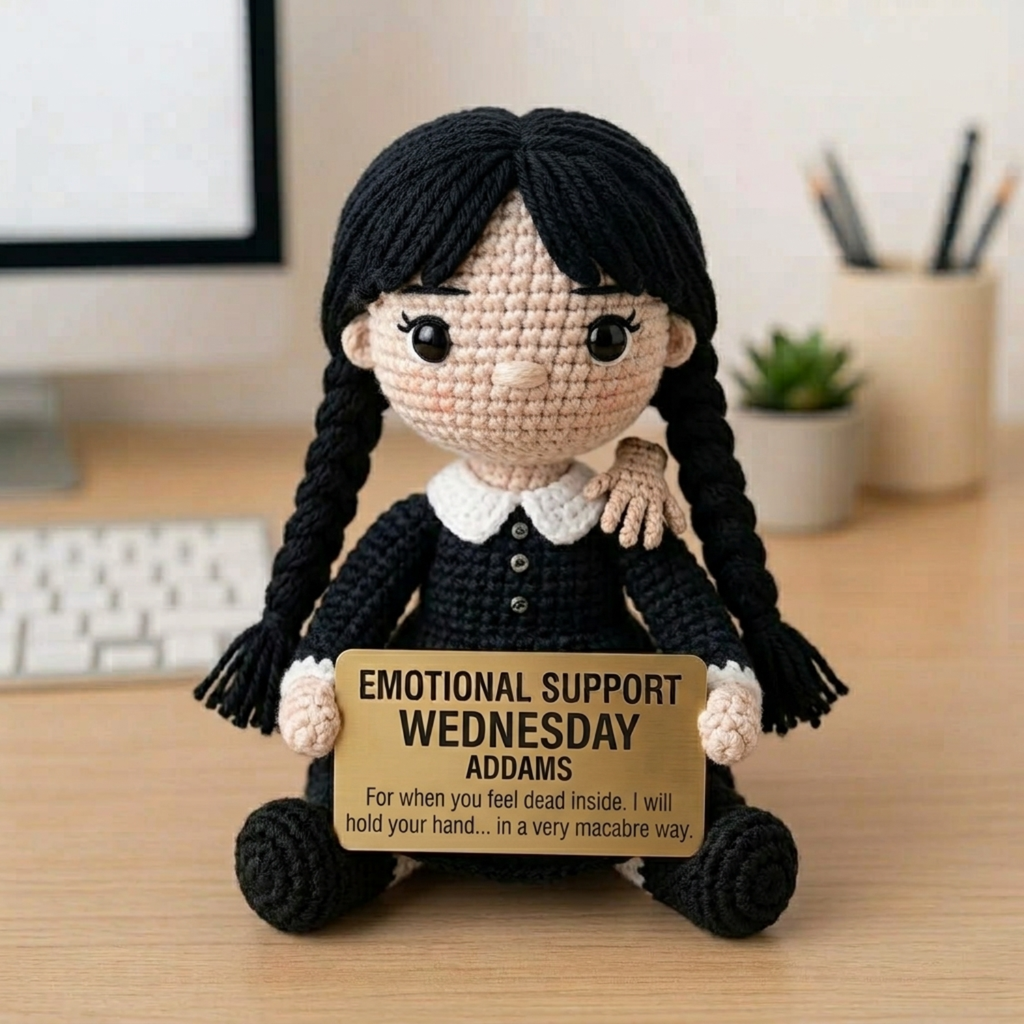 Emotional Support Wednesday Addams Crochet Doll - message card