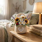 Sunflower & Daisy Crochet Flower Basket - Handmade Floral Decor Gift