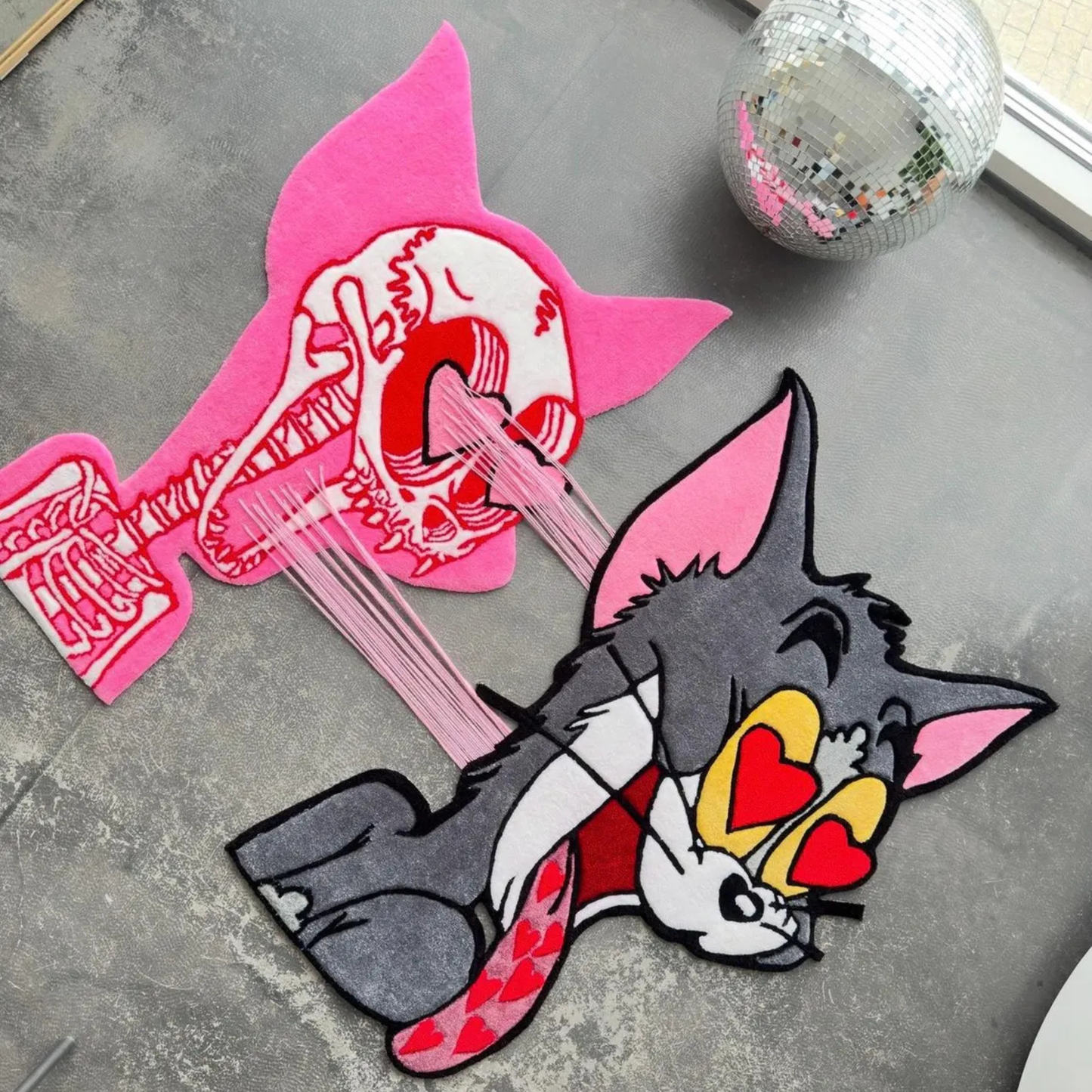 Interactive Pull-to-Reveal Tom Cat Rug, Heart Eyes Explosion to Skeleton, Handmade Tufted Custom Carpet