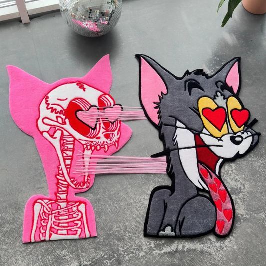 Interactive Pull-to-Reveal Tom Cat Rug, Heart Eyes Explosion to Skeleton, Handmade Tufted Custom Carpet
