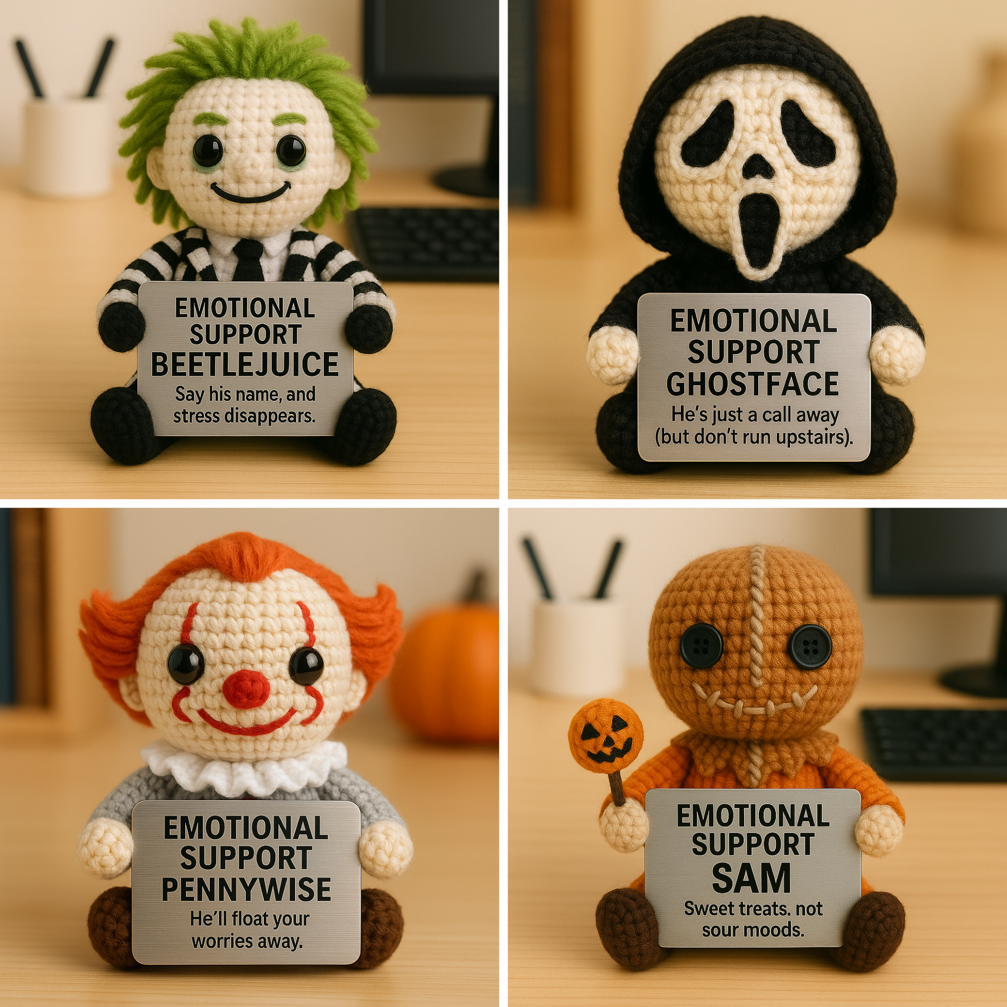 Four crochet dolls with Halloween-themed signs on a wooden surface.