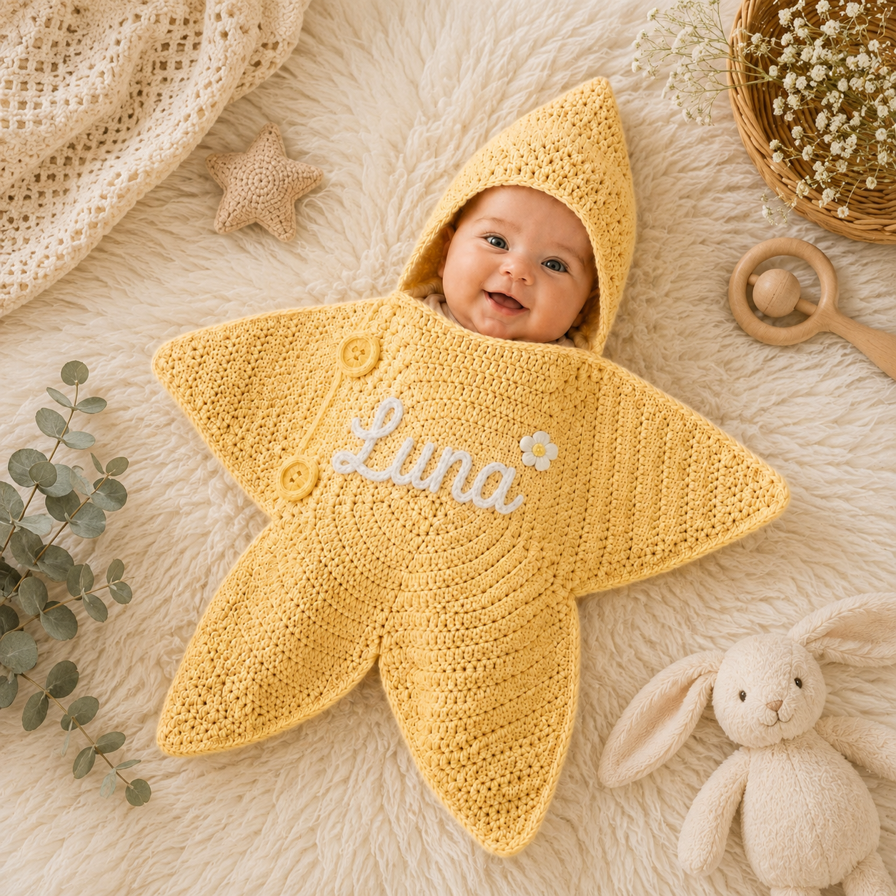 Crochet star baby outfit color options