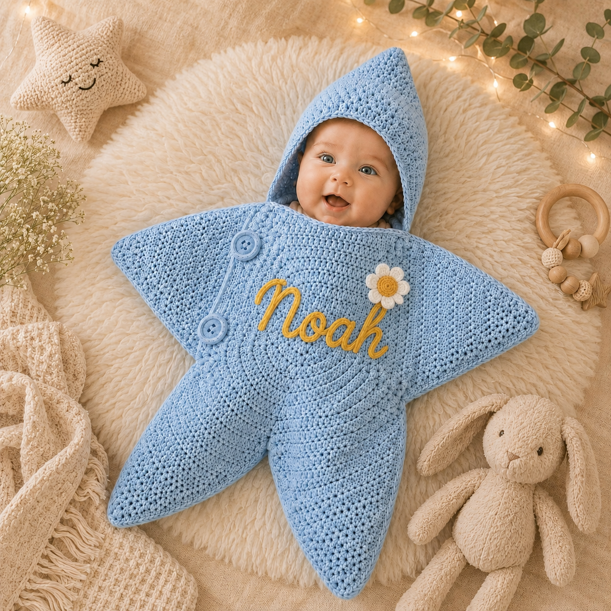 Crochet star baby outfit personalized name detail
