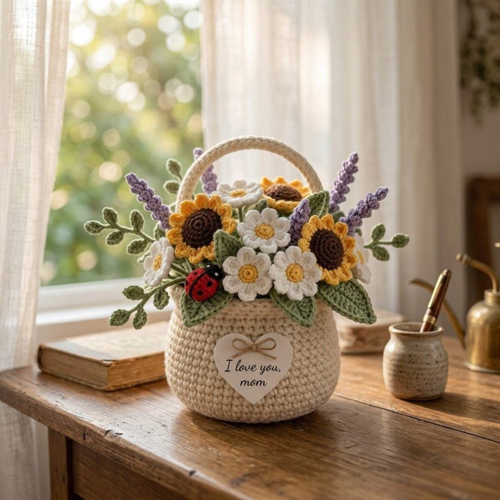 Sunflower & Daisy Crochet Flower Basket - Handmade Floral Decor Gift