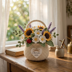 Sunflower & Daisy Crochet Flower Basket - Handmade Floral Decor Gift