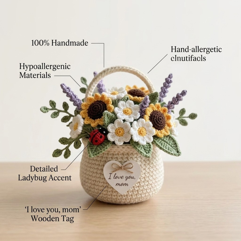 Sunflower & Daisy Crochet Flower Basket - Handmade Floral Decor Gift
