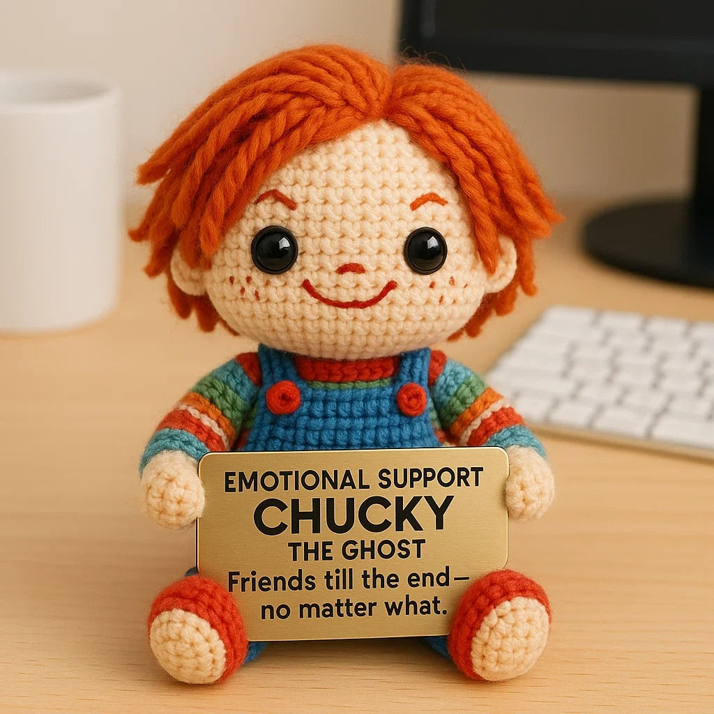 Crocheted doll with orange hair and blue overalls holding a sign on a desk.