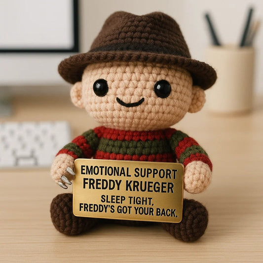 Emotional Support Freddy Krueger Amigurumi Crochet Doll – Funny Horror Plush for Halloween & Collectors