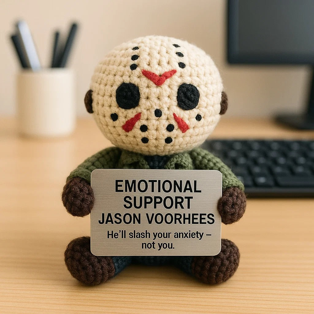 Crocheted figure resembling Jason Voorhees holding a sign on a desk.