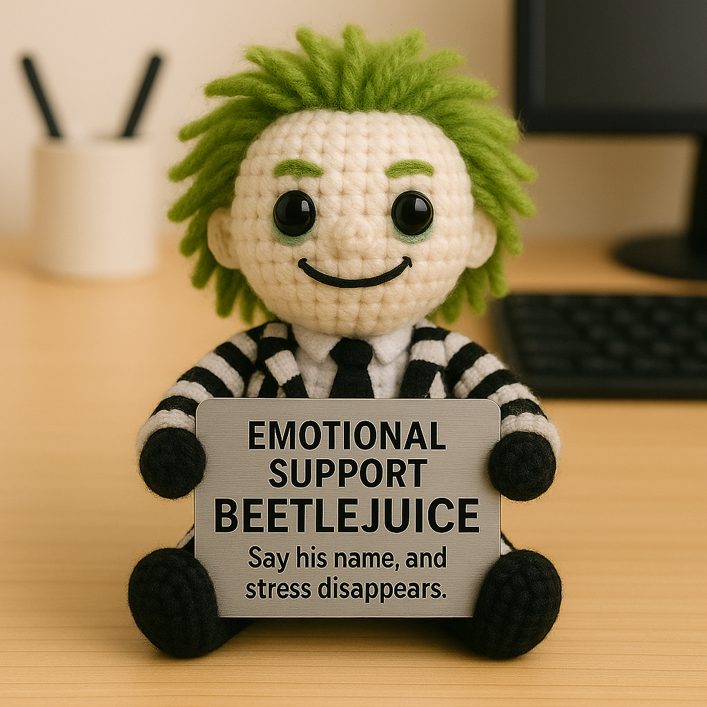 Crocheted figure of Beetlejuice holding a sign on a desk