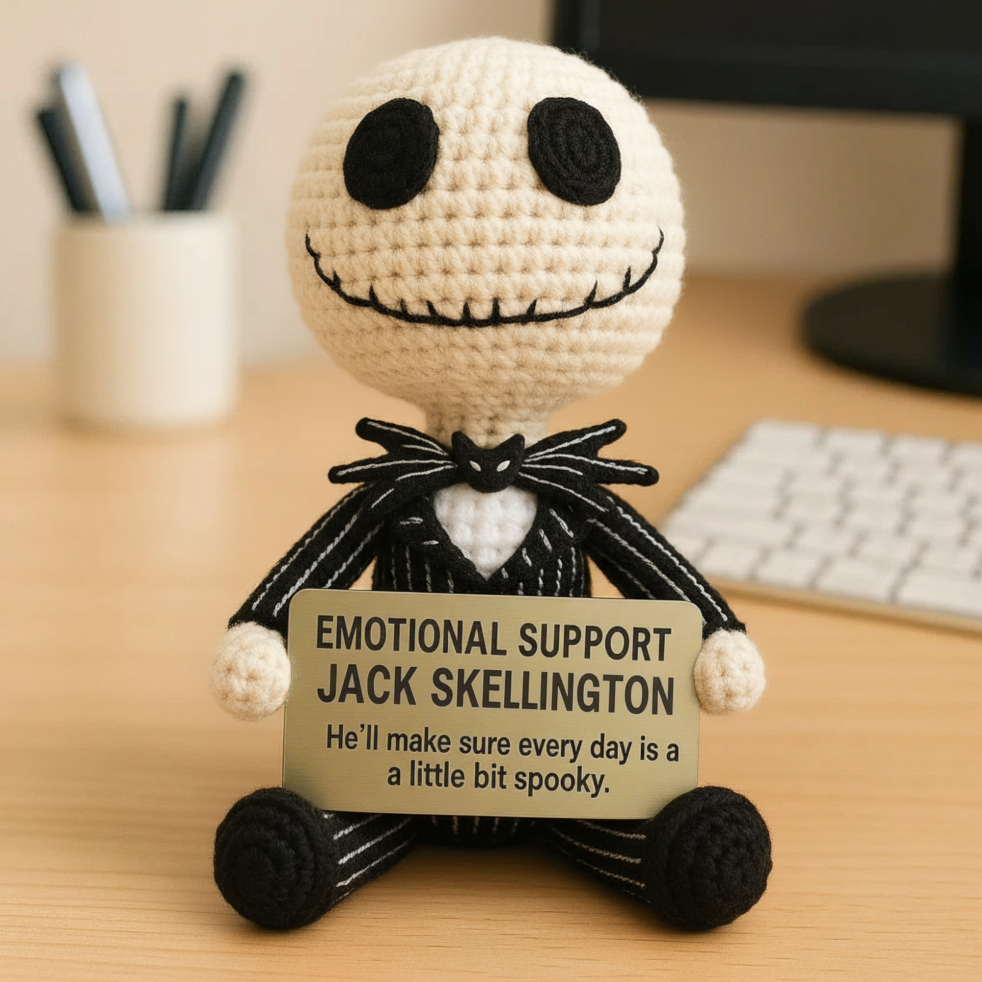 Crocheted figure of Jack Skellington holding a sign on a desk.