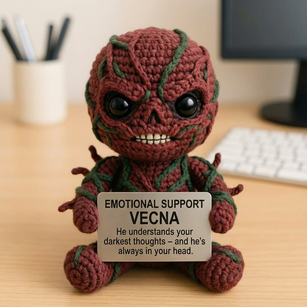 Crocheted character holding an 'Emotional Support Vecna' sign on a desk.