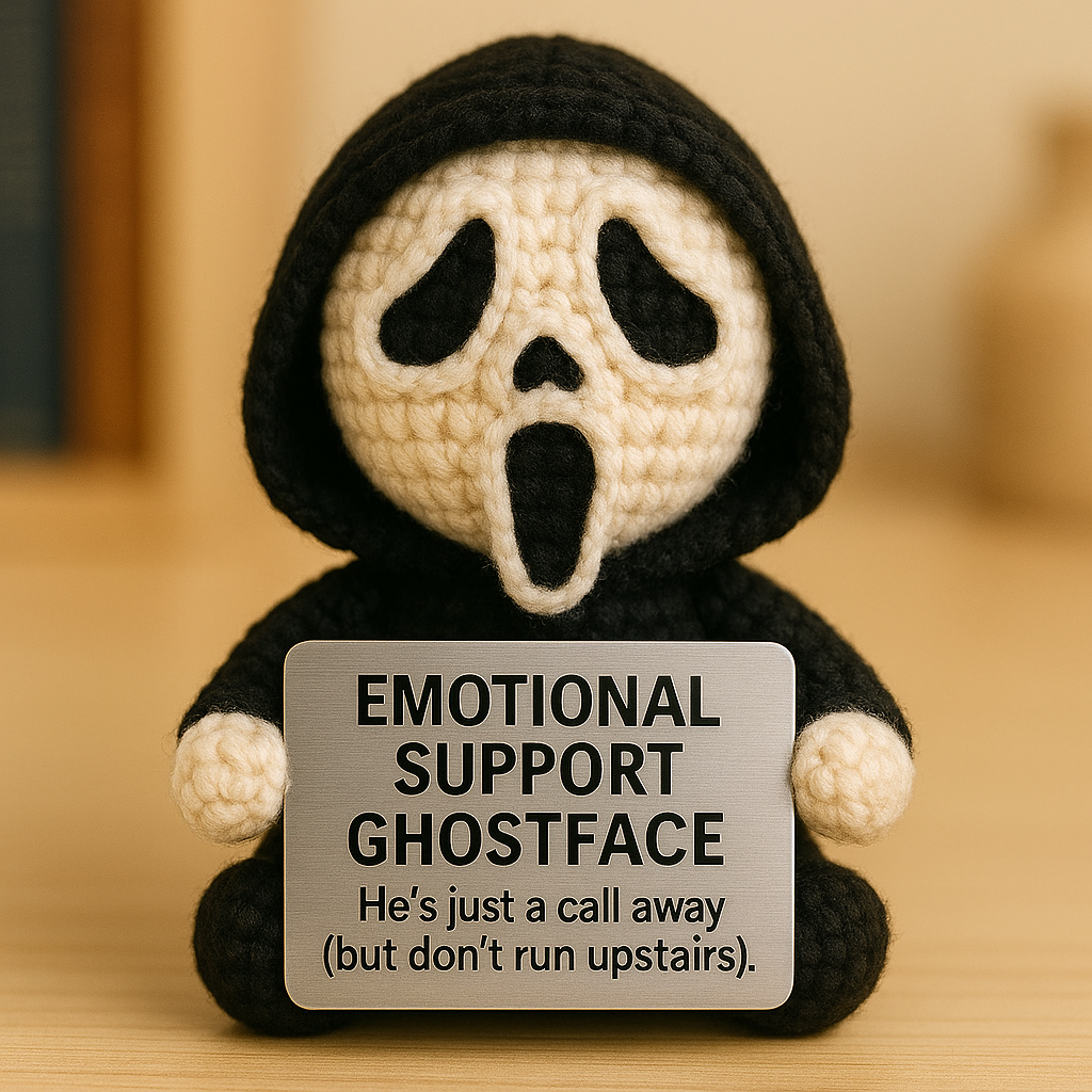 Crocheted toy resembling a ghost with a sign reading 'Emotional Support Ghostface' on a wooden surface.