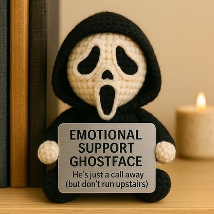 Emotional Support Ghostface Crochet Doll – Handmade Horror Plush for Stress Relief