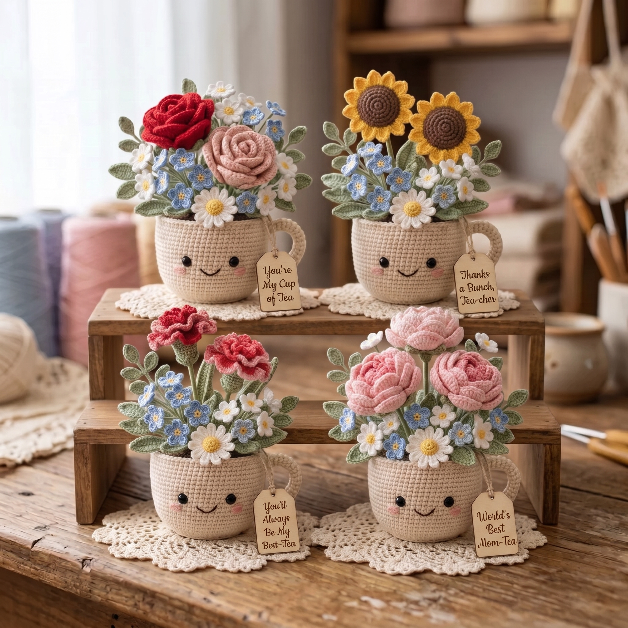 Smiley Mug Bouquet collection - Rose, Carnation, Peony & Sunflower on tiered wooden shelf display