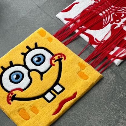 Pull-to-Reveal SpongeBob Rug, Cute Square to Red Skull Surprise, Handmade Tufted Interactive Carpet