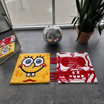 Pull-to-Reveal SpongeBob Rug, Cute Square to Red Skull Surprise, Handmade Tufted Interactive Carpet