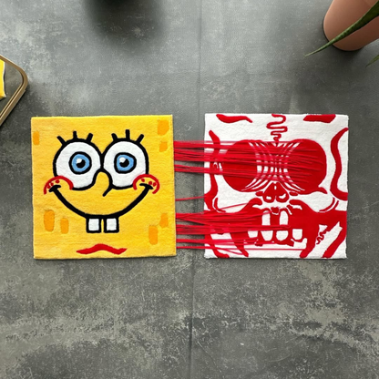 Pull-to-Reveal SpongeBob Rug, Cute Square to Red Skull Surprise, Handmade Tufted Interactive Carpet