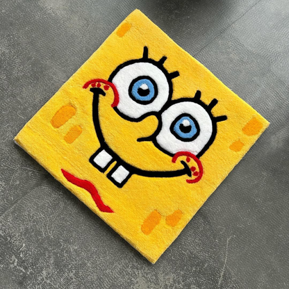 Pull-to-Reveal SpongeBob Rug, Cute Square to Red Skull Surprise, Handmade Tufted Interactive Carpet