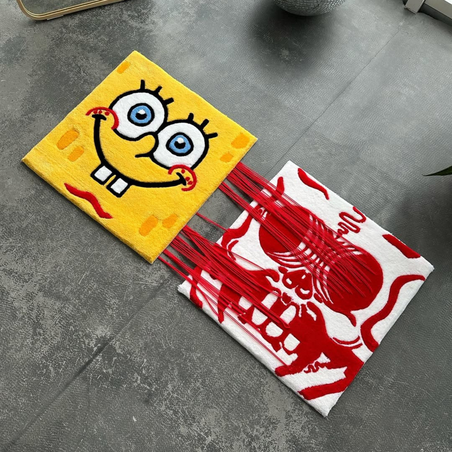 Pull-to-Reveal SpongeBob Rug, Cute Square to Red Skull Surprise, Handmade Tufted Interactive Carpet