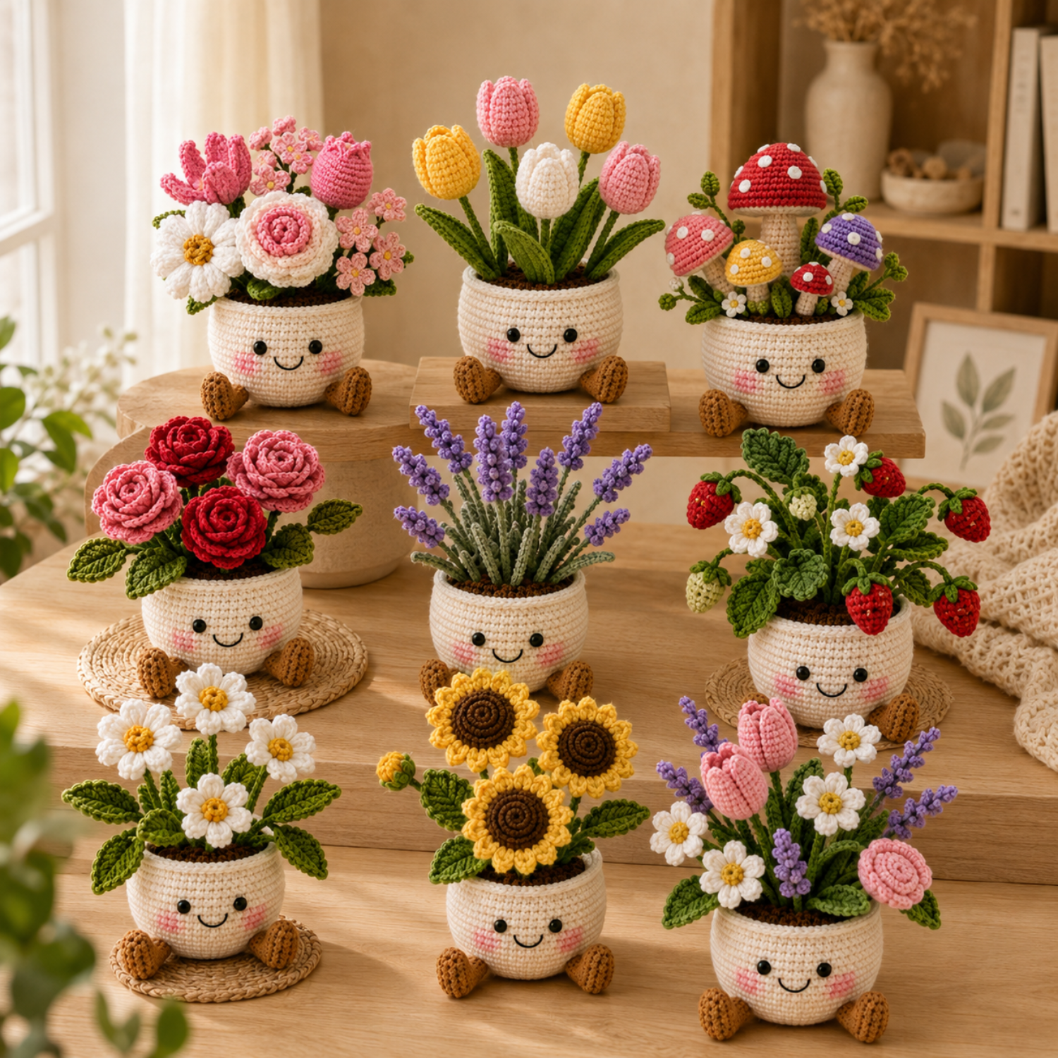 Handmade crochet plant pot collection - amigurumi flower mushroom strawberry desk decor