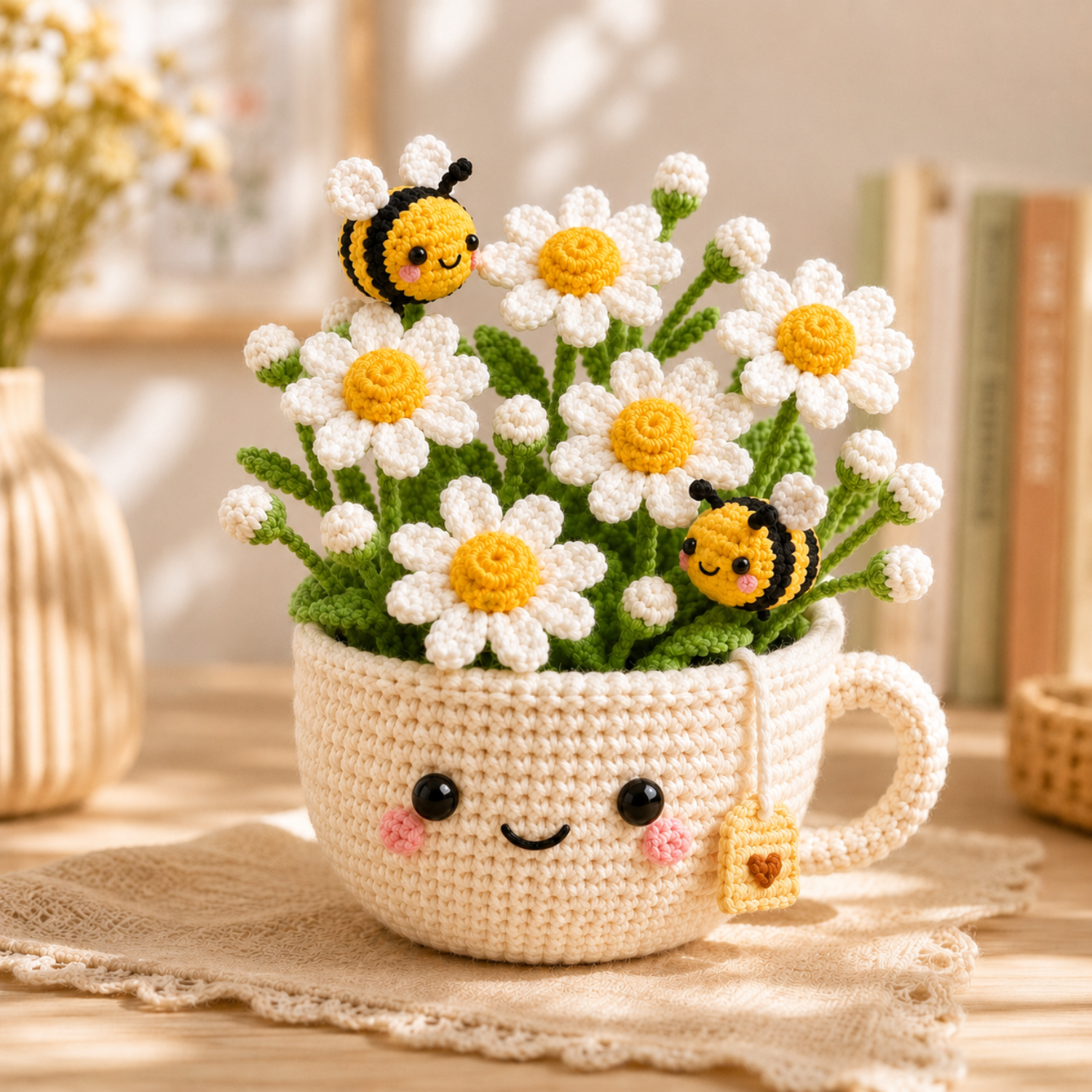 Handmade crochet garden cup floral desk decor gift