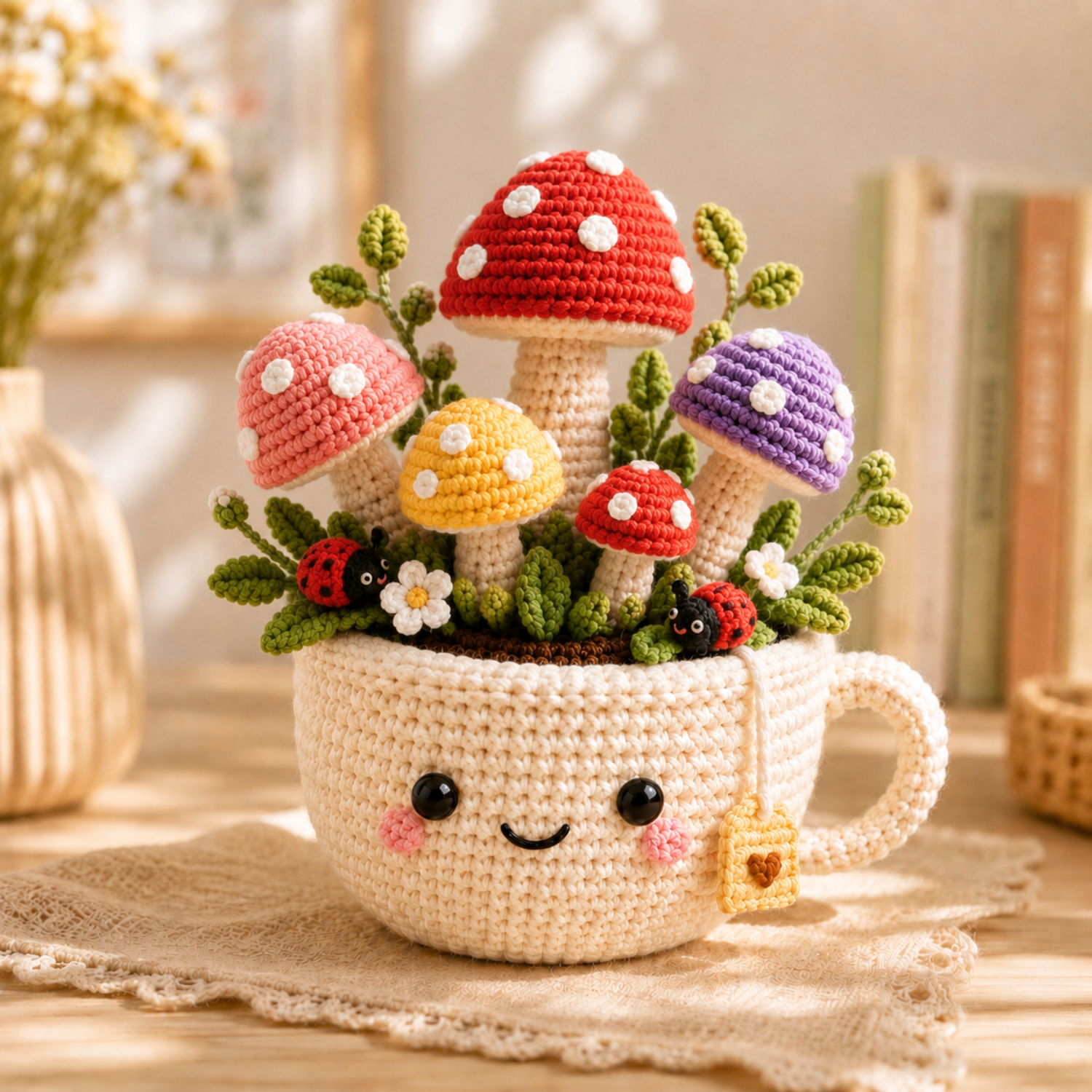 Crochet garden cup floral desk decor style 3