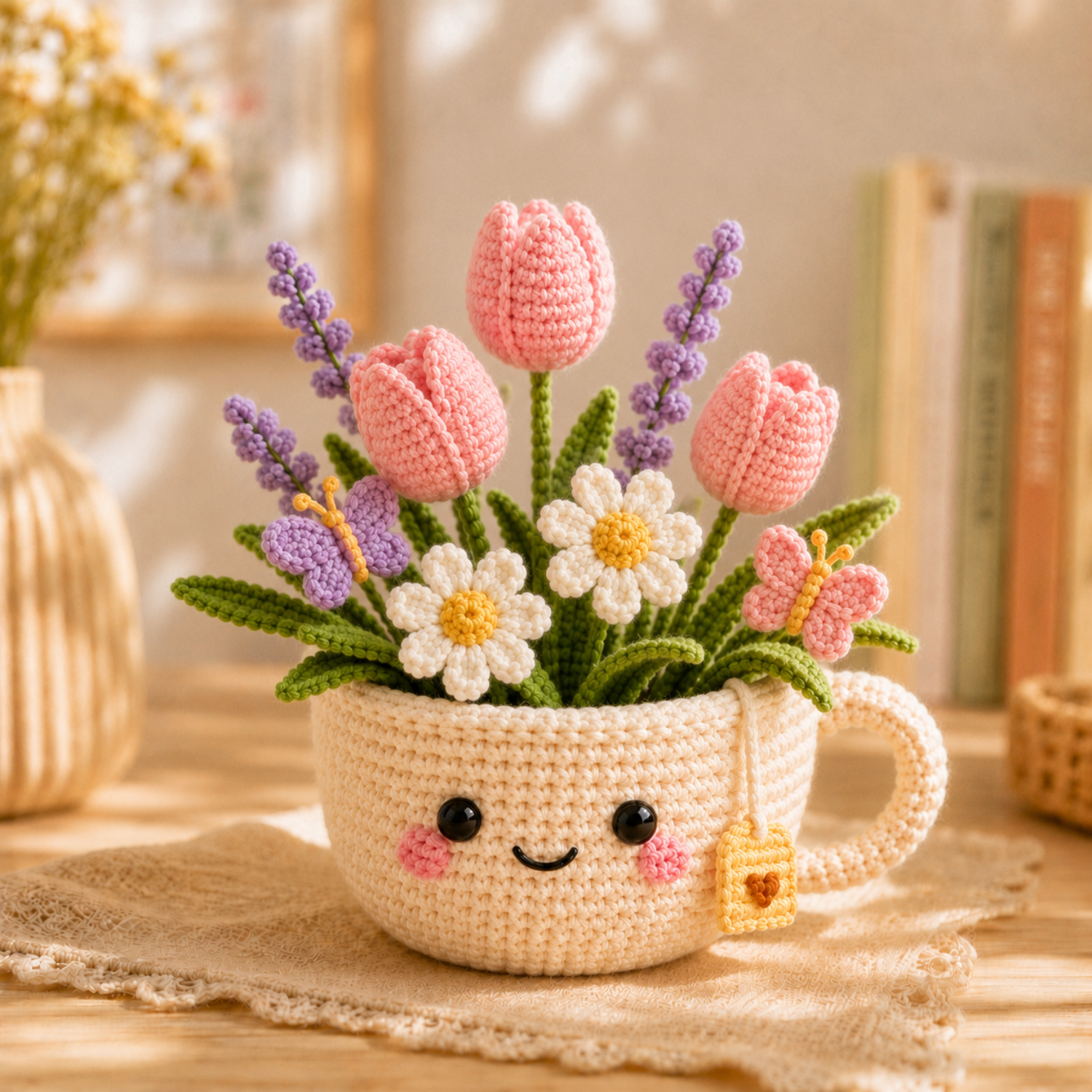 Crochet garden cup floral desk decor style 2