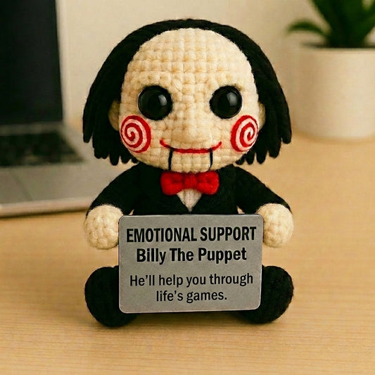 Emotional Support Billy the Puppet Crochet Doll, Creepy Cute Horror Plush Gift